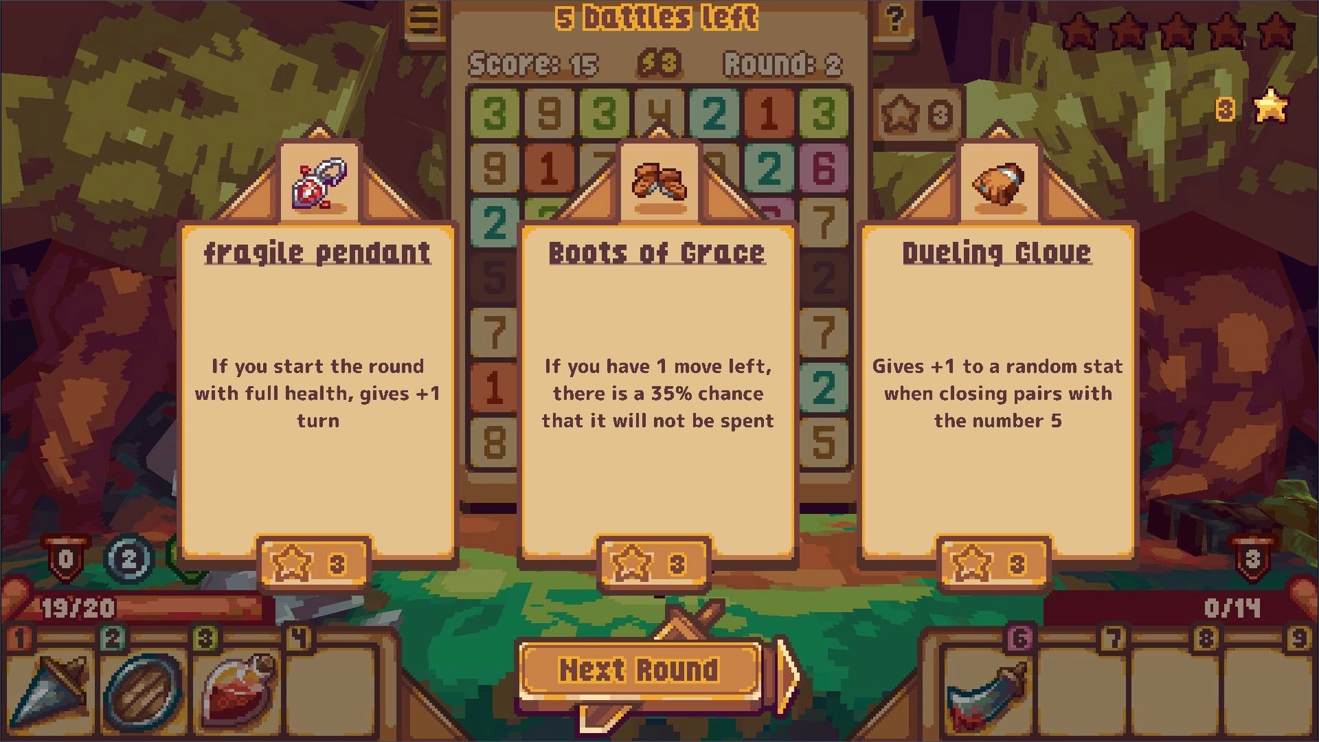 Numeral Strike: Item selection screen with Fragile Pendant, Boots of Grace, and Dueling Glove options