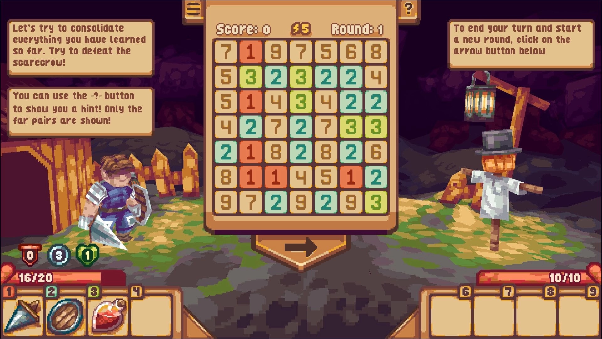 Numeral Strike: Player versus scarecrow in a tutorial battle with grid of numbers and action options.