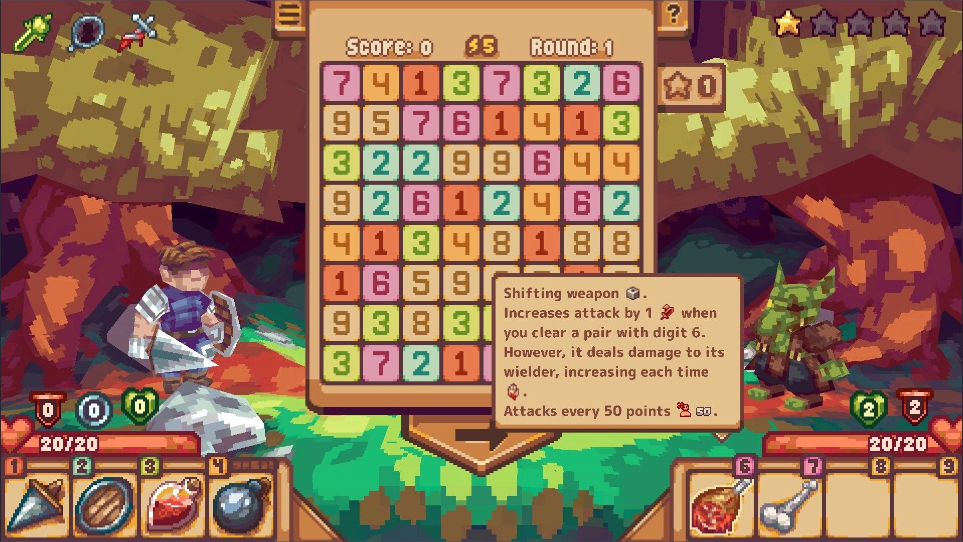 Numeral Strike: Character with sword explores forest, solving number grid puzzles to battle enemies
