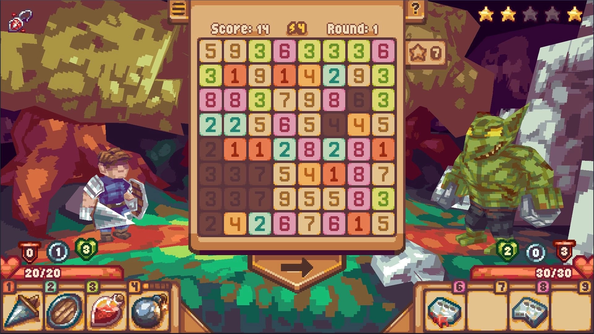 Numeral Strike: Hero and ogre face off with number grid in enchanted forest arena