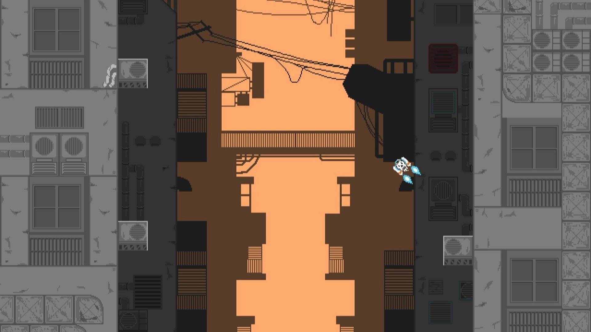 nyanjet: Cat-piloted jetpack ascends between towering buildings with wires against an orange sky backdrop