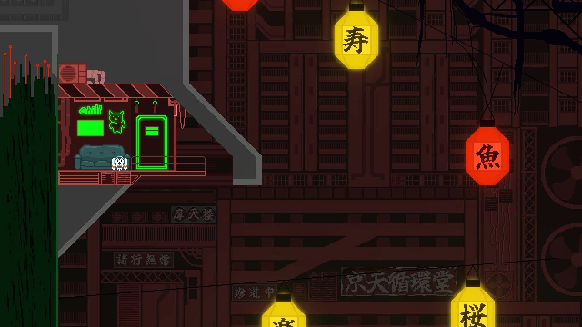 nyanjet: Cat with jetpack resting on sofa in neon-lit city with colorful hanging lanterns