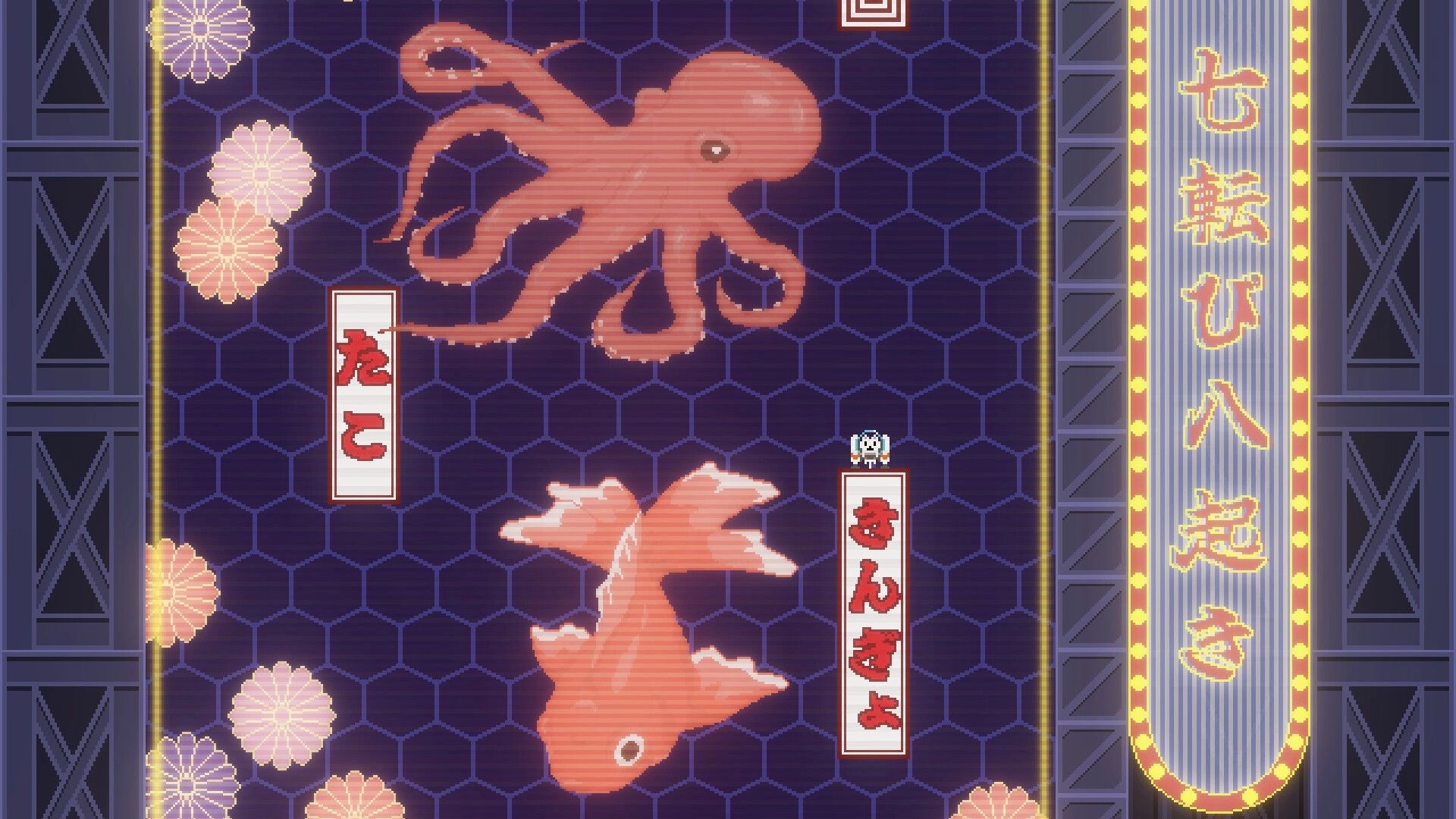 nyanjet: Cat character jetpacking past octopus and fish in a neon-lit vertical level with hex pattern