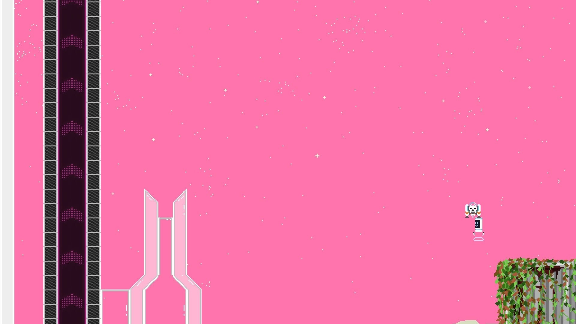 nyanjet: Cat with jetpack hovering over platform in pink space environment with tower on the left