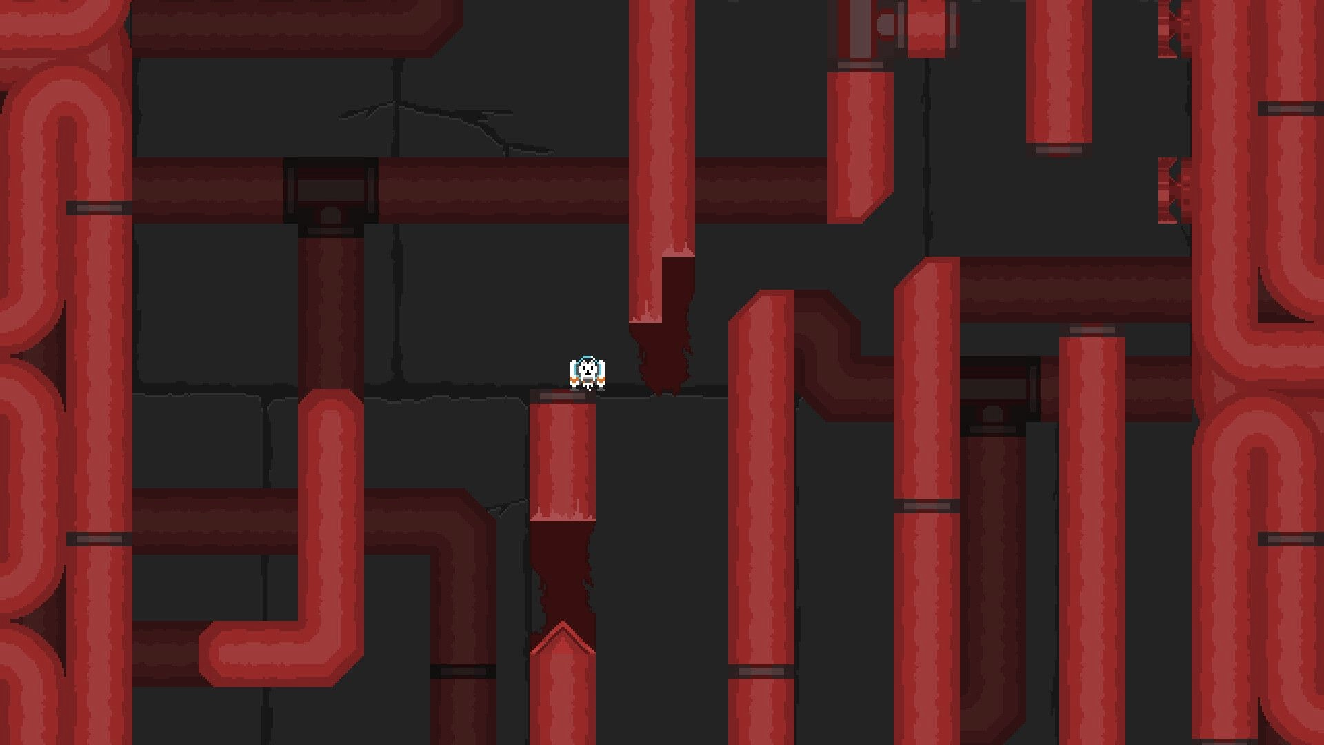 nyanjet: Cat-piloted jetpack navigating through a maze of red pipes in a dark industrial setting