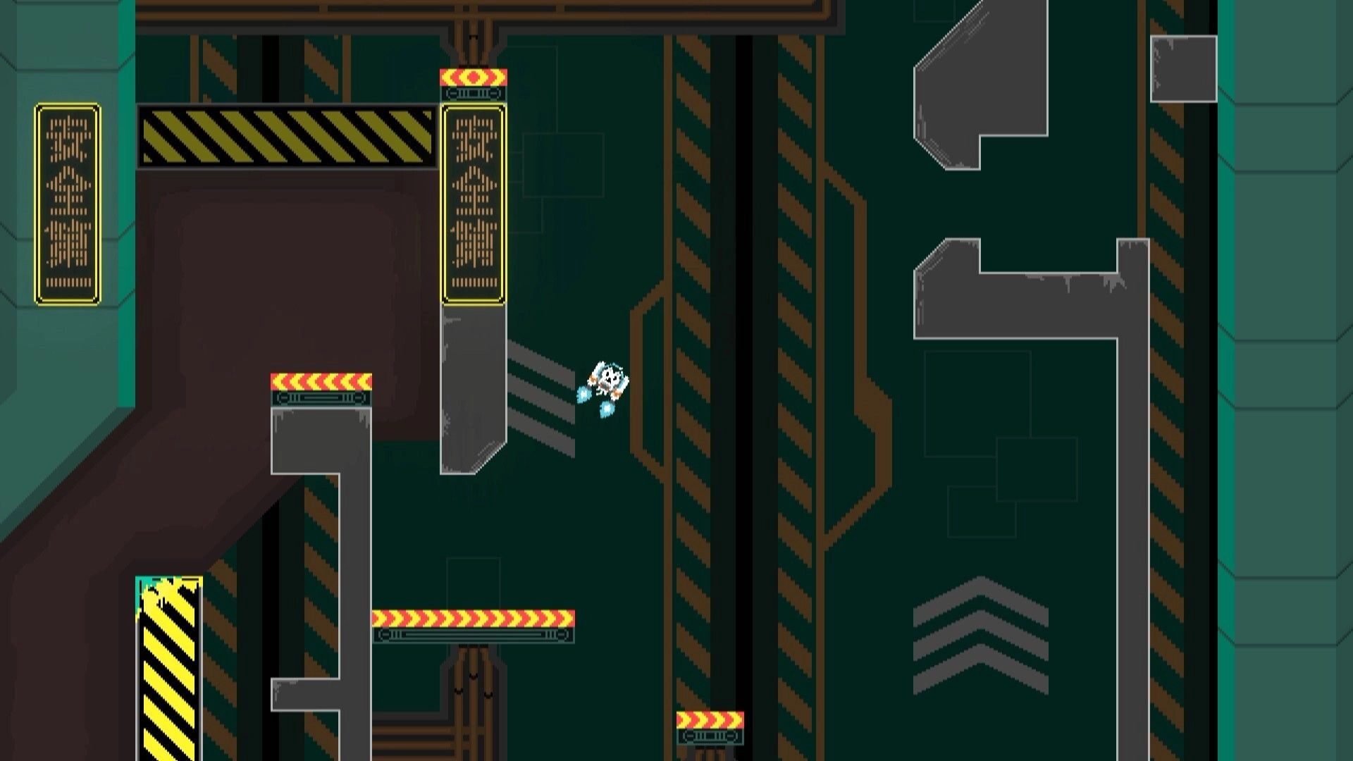nyanjet: Cat-piloted jetpack ascending past industrial platforms with caution stripes in dark environment