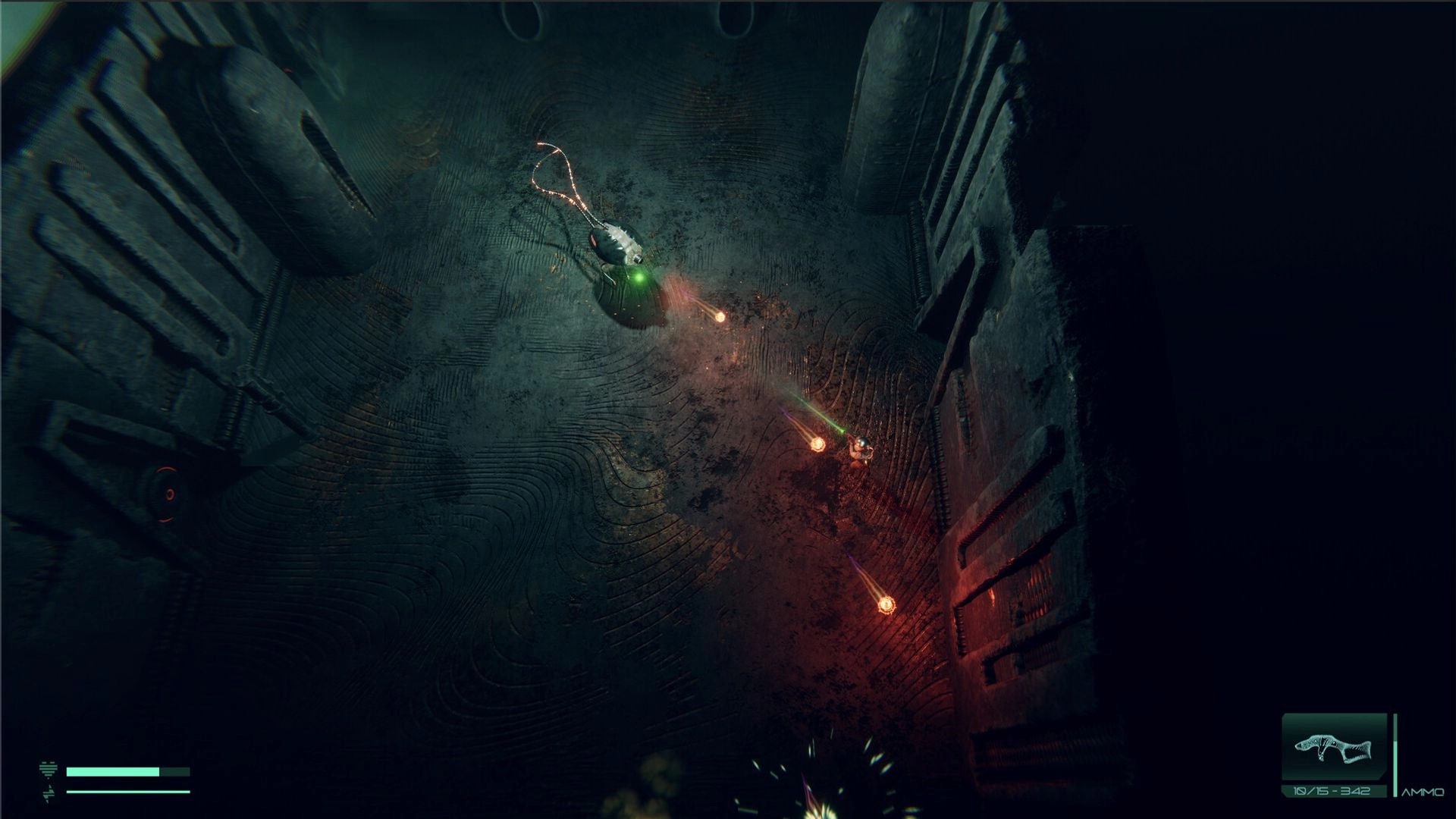 O3: Player character fires at alien creature in dark, textured corridor with health and ammo HUD visible.