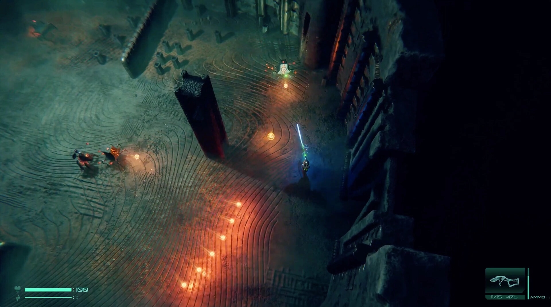 O3: Player character battles enemies with glowing projectiles in a dark, Giger-inspired arena.
