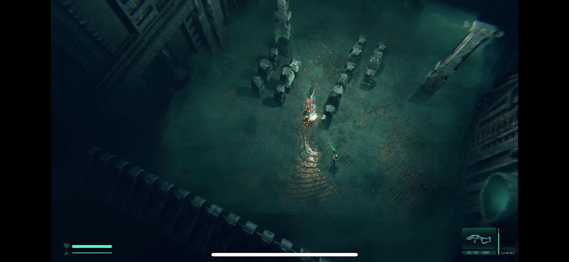 O3: Player character firing at enemies among stone pillars in a dark, atmospheric chamber.