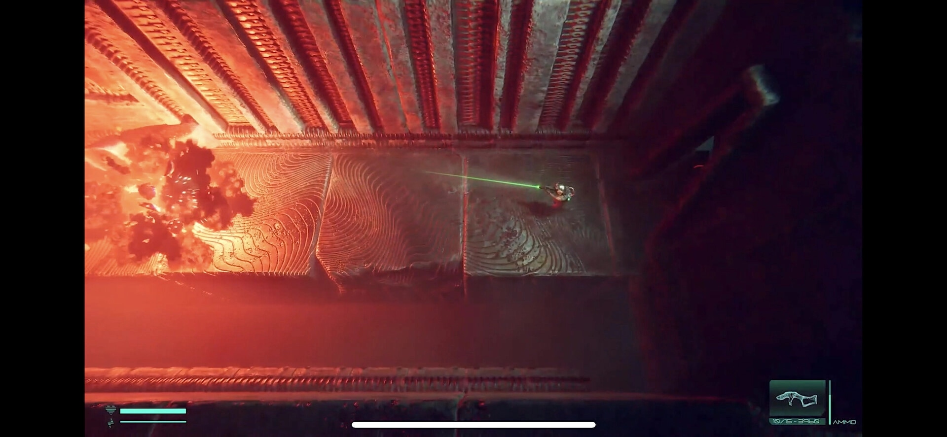 O3: Player fires green laser at enemy in dark, textured corridor with ammo and health UI displayed