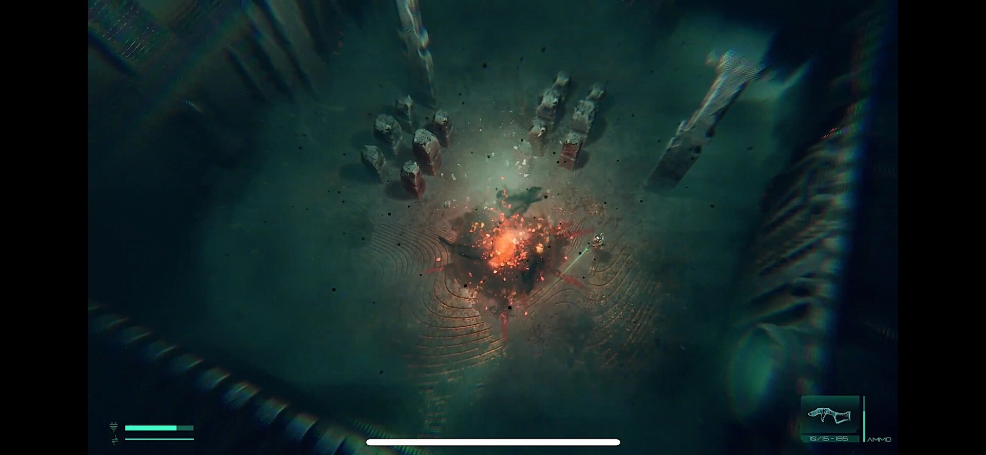 O3: Top-down view of player amidst pillars with HUD showing health and ammo in dark, eerie chamber.