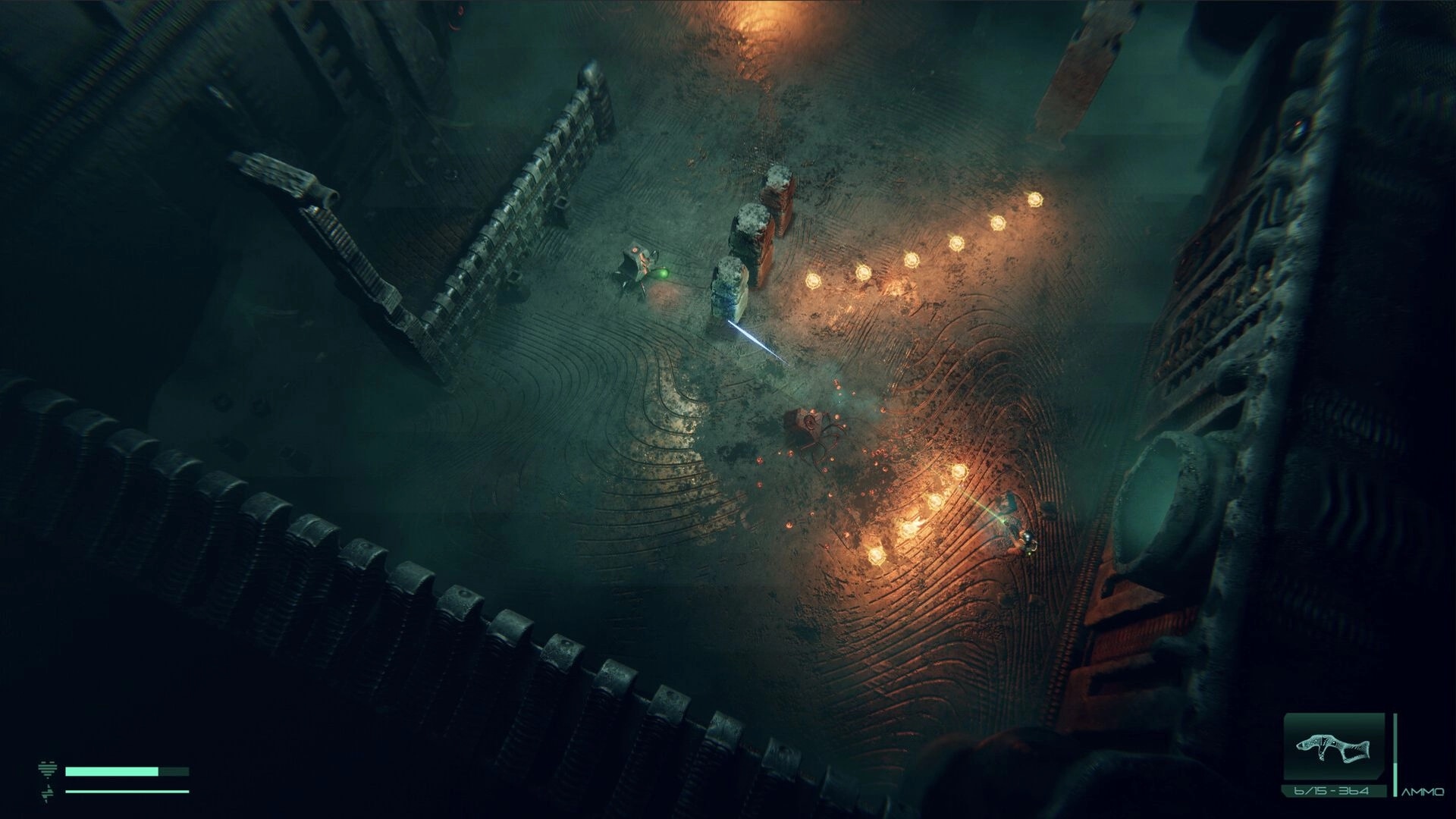 O3: Player dodging enemy fire in a dark, industrial maze with eerie lighting and ammo display visible.