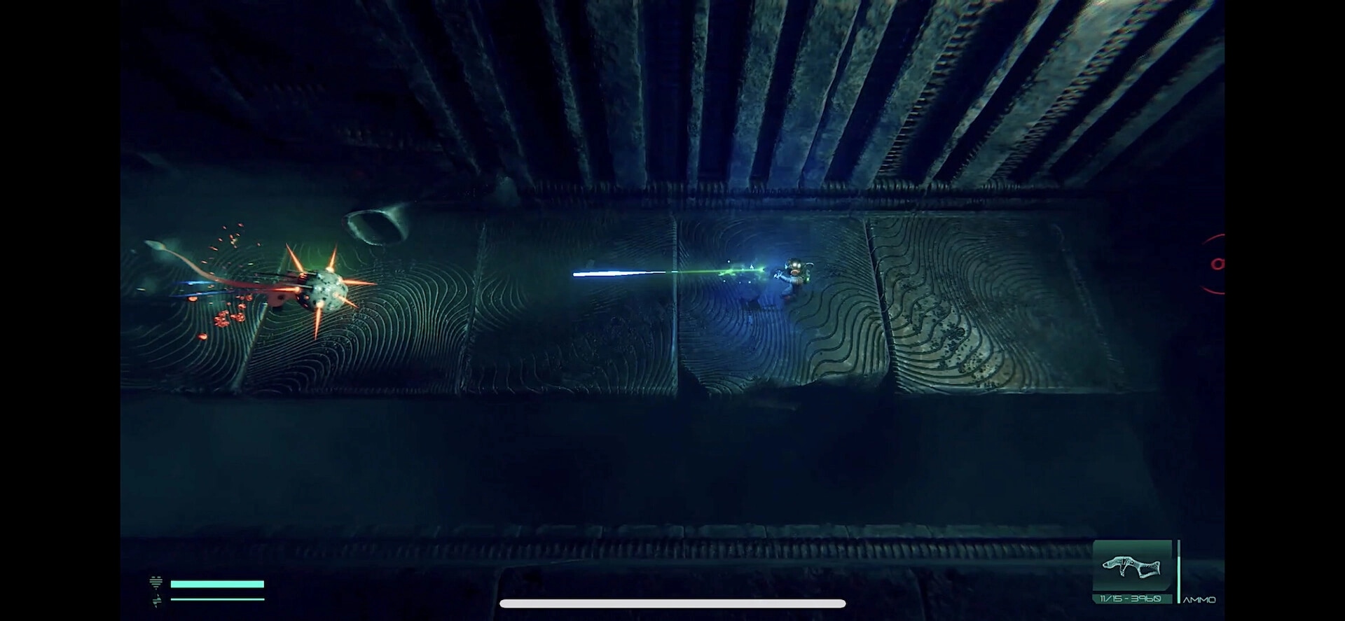 O3: Player character shooting laser at spiked enemy in dark, biomechanical corridor with ammo display.