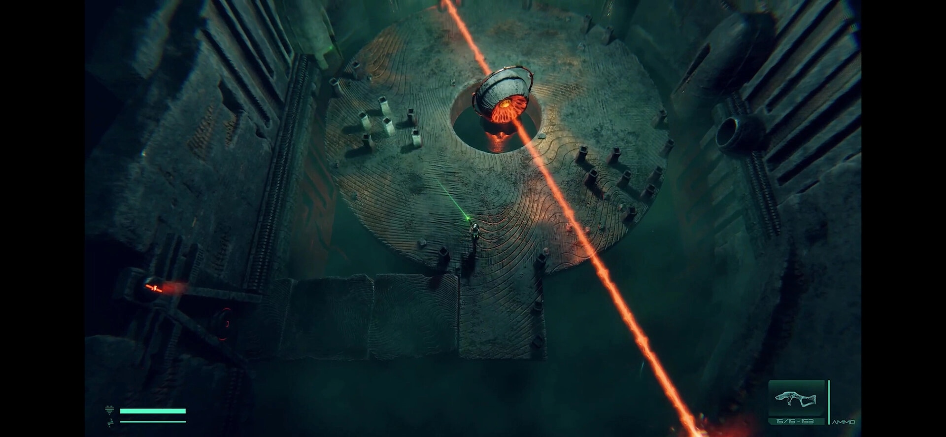 O3: Player targeting a giant eye structure with laser beams in a dark, industrial arena environment.