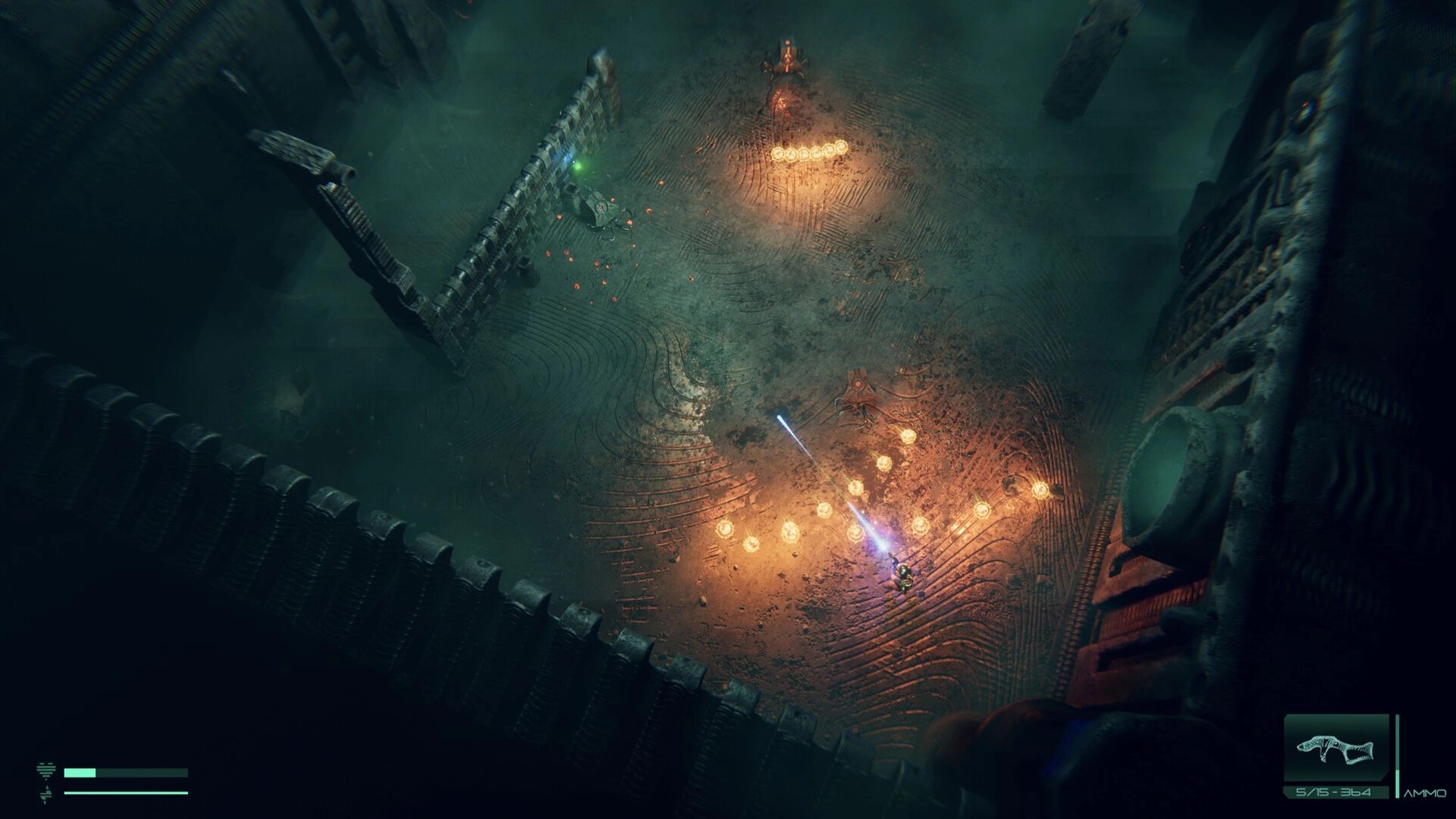 O3: Player dodges enemy projectiles in eerie, Giger-inspired corridor with ammo count displayed