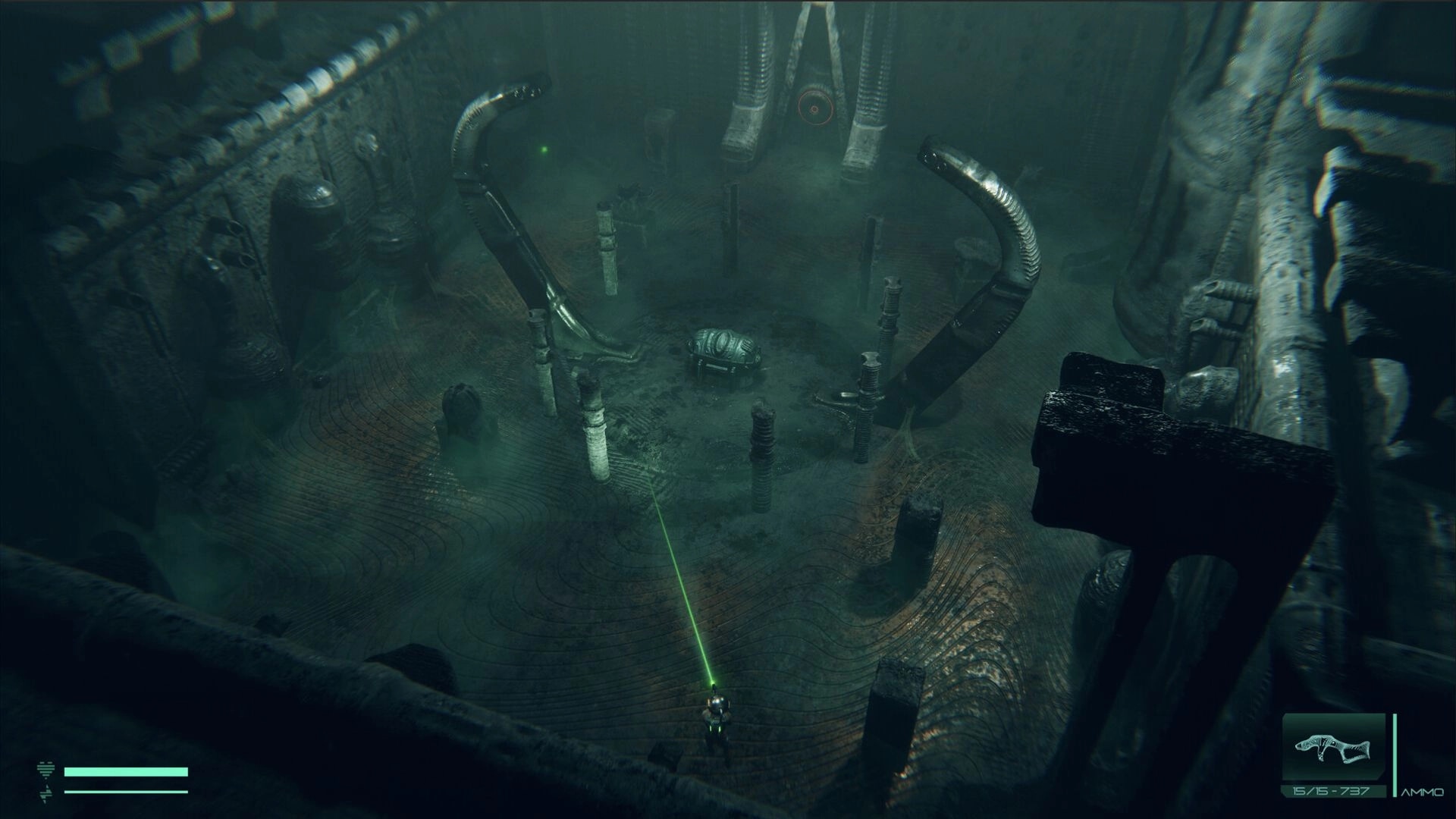 O3: Player in eerie, industrial arena with green laser aiming, surrounded by towering structures