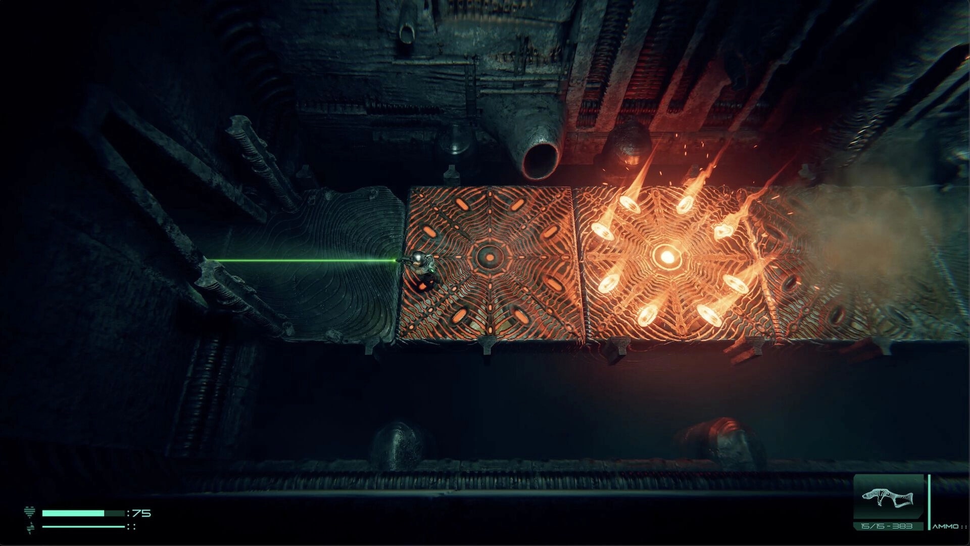 O3: Player navigating platform with laser and flame traps in dark, industrial environment