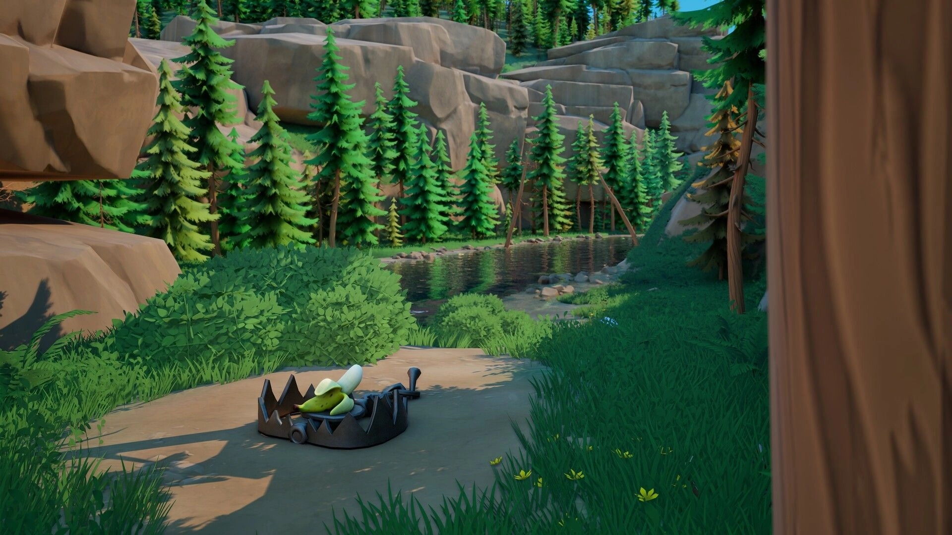 Oar’some Adventures: Bear trap on a dirt path beside a calm river in a pine forest canyon trail.