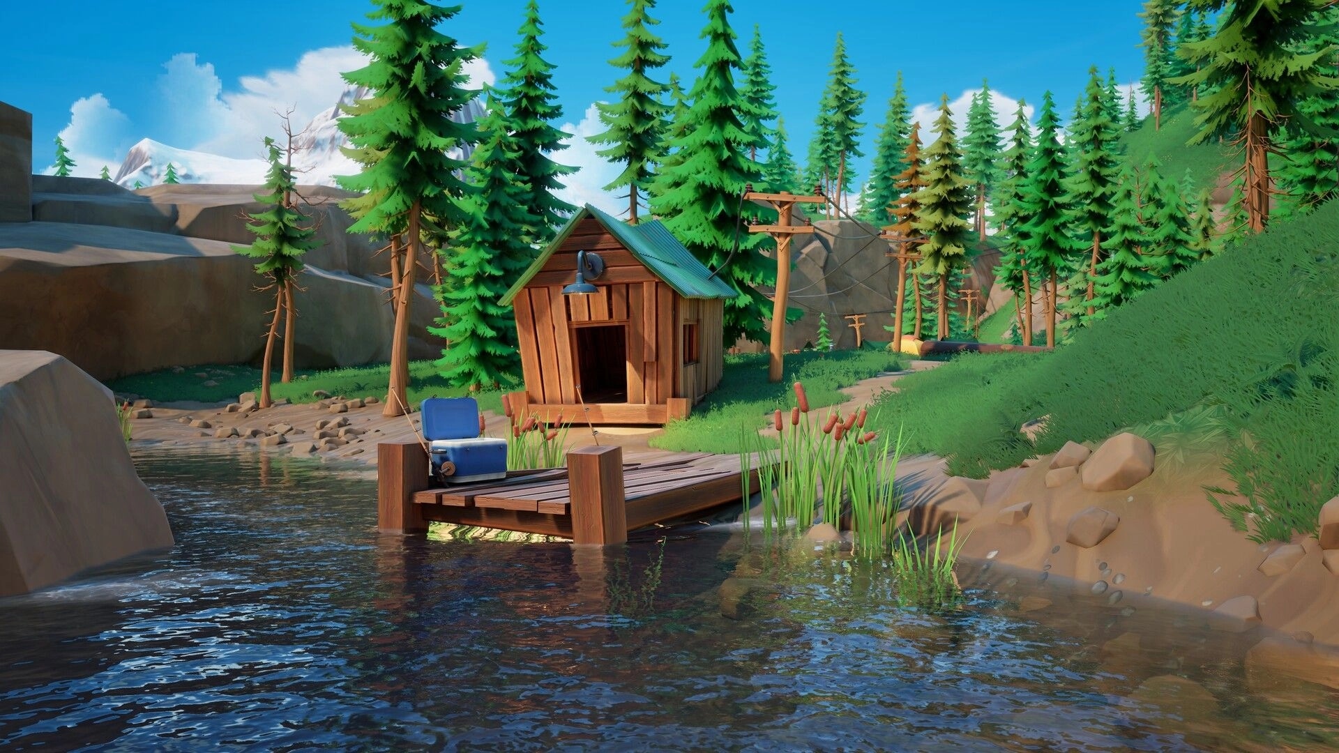 Oar’some Adventures: Quiet riverside dock with cooler beside a cabin, pines and power lines nearby.