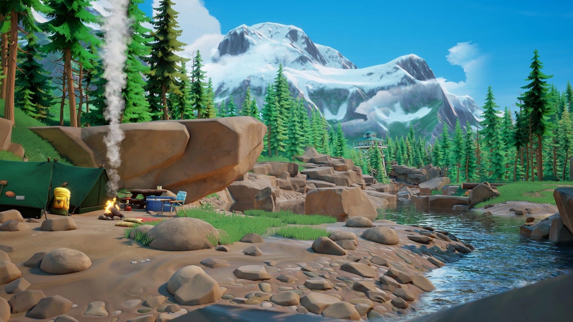 Oar’some Adventures: Riverside campsite with tent and campfire beside pine forest and snowy mountain peak.