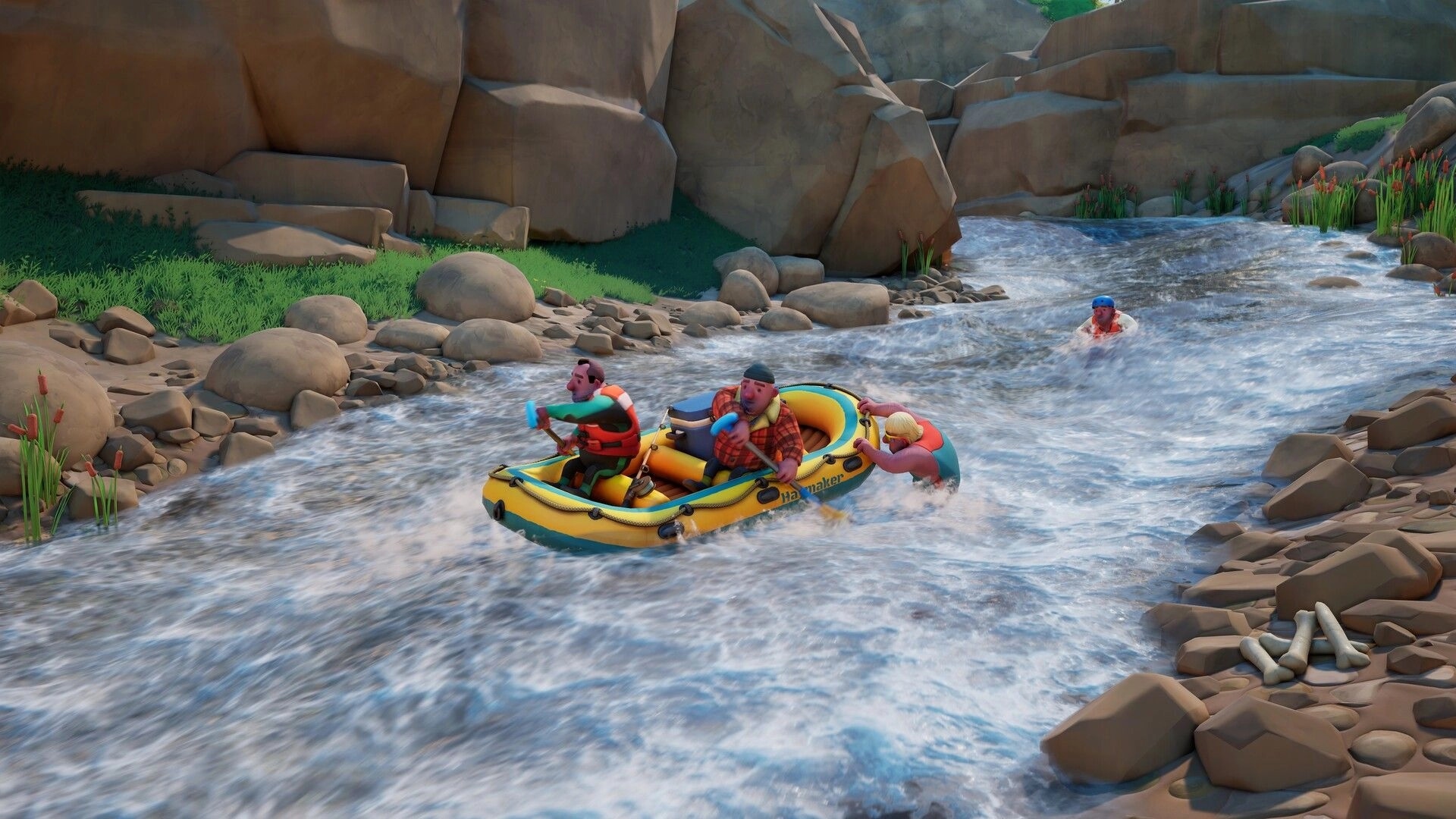Oar’some Adventures: Three rafters paddle a yellow raft through rapids in a rocky canyon river bend.
