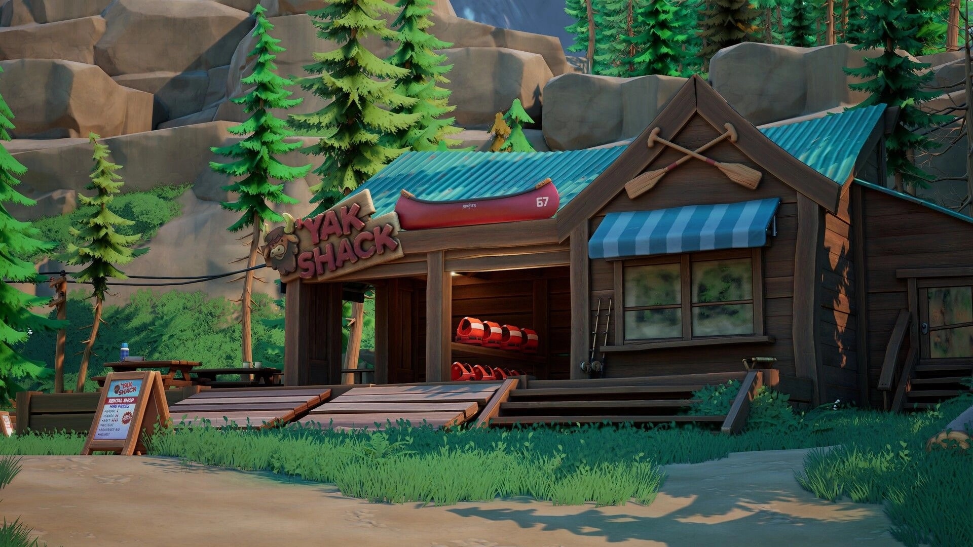 Oar’some Adventures: Yak Shack rental hut with canoe and life vests in a pine forest canyon setting.