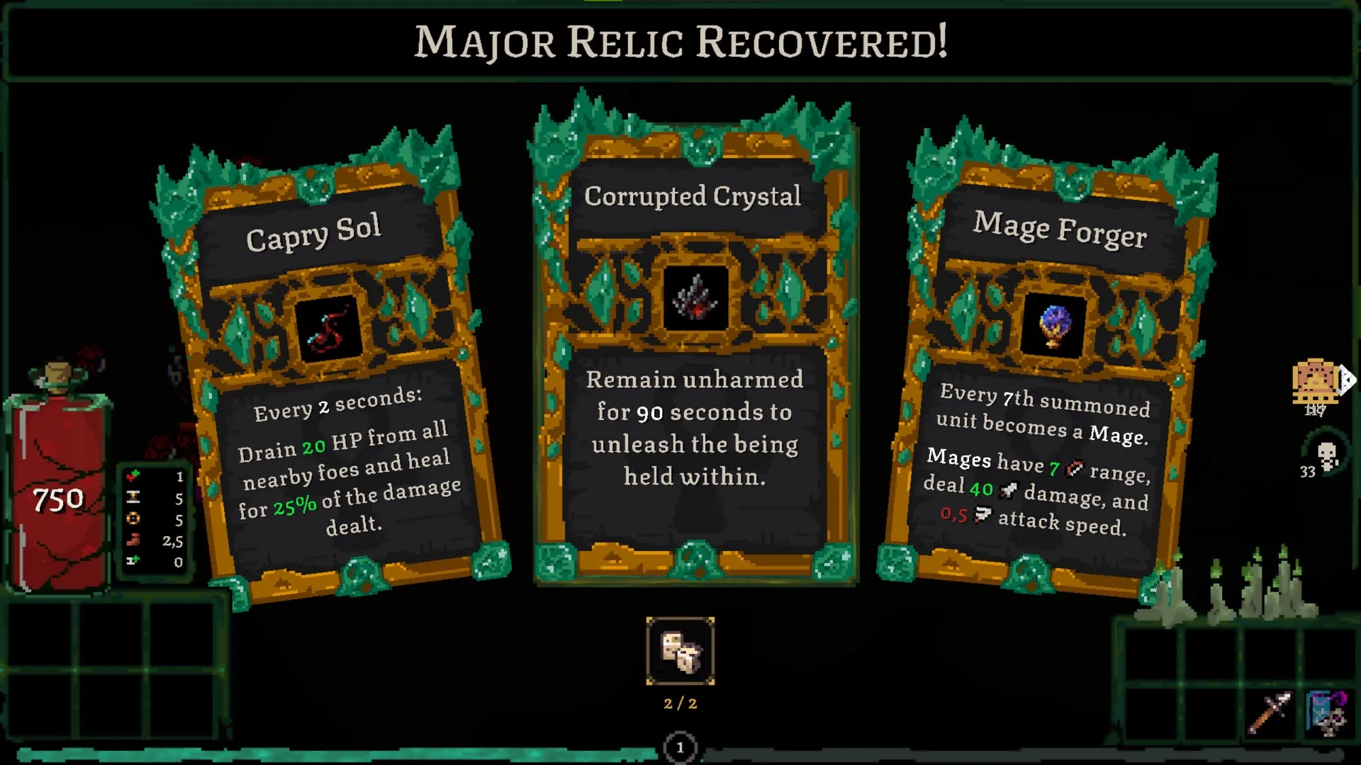 Oath of the Necromancer: Major relic recovery screen showing Capry Sol, Corrupted Crystal, Mage Forger