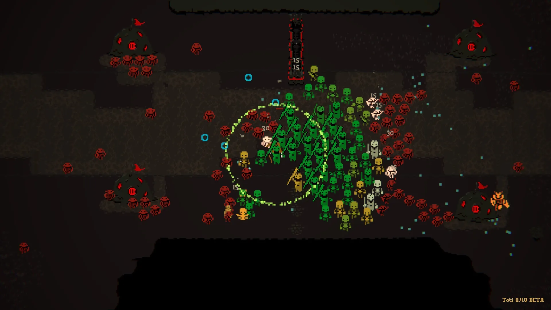 Oath of the Necromancer: Player commands an army of green undead fighting red enemies in a dark cave.