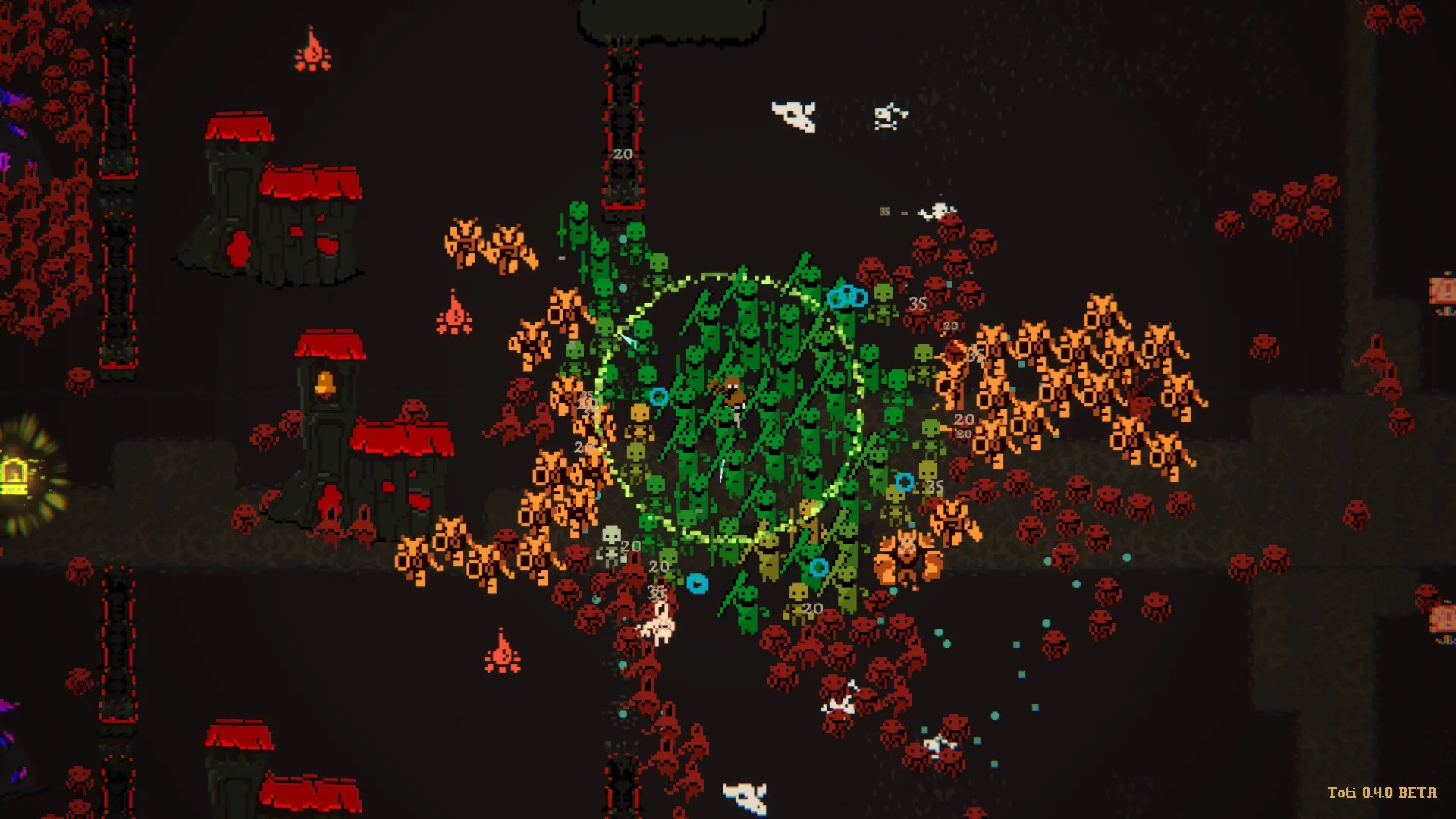 Oath of the Necromancer: Green undead army clashes with red enemies in a dark dungeon with red-roofed towers.