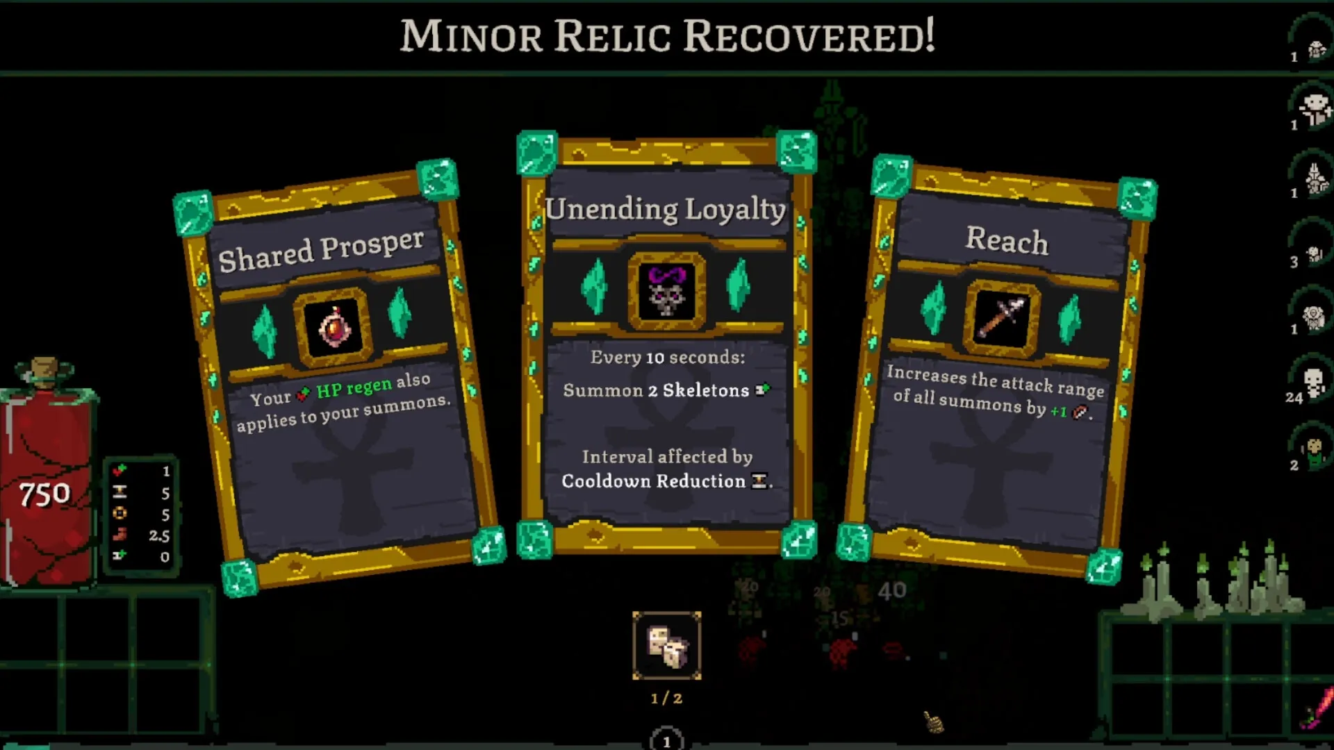 Oath of the Necromancer: Minor relics selection screen with options for Shared Prosper, Unending Loyalty, Reach