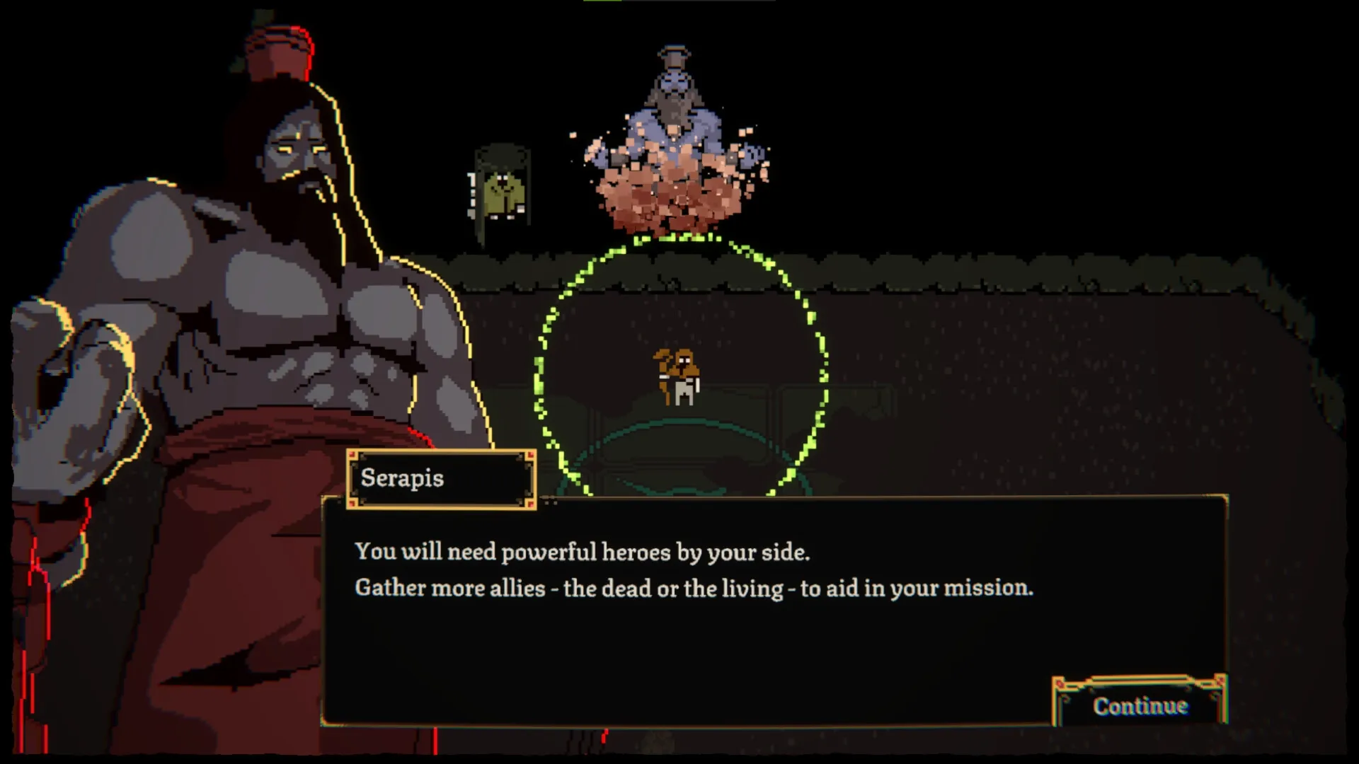 Oath of the Necromancer: Serapis offers guidance beside a dialogue box with ally recruitment advice