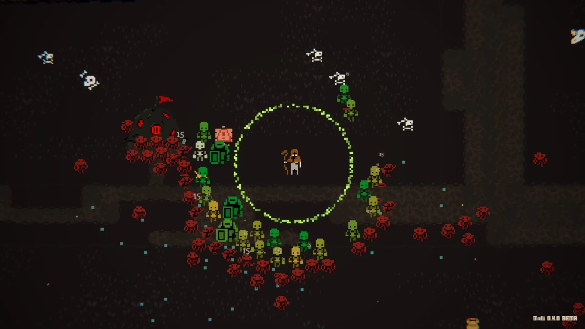 Oath of the Necromancer: Player surrounded by undead army in dark dungeon setting with pixel graphics.
