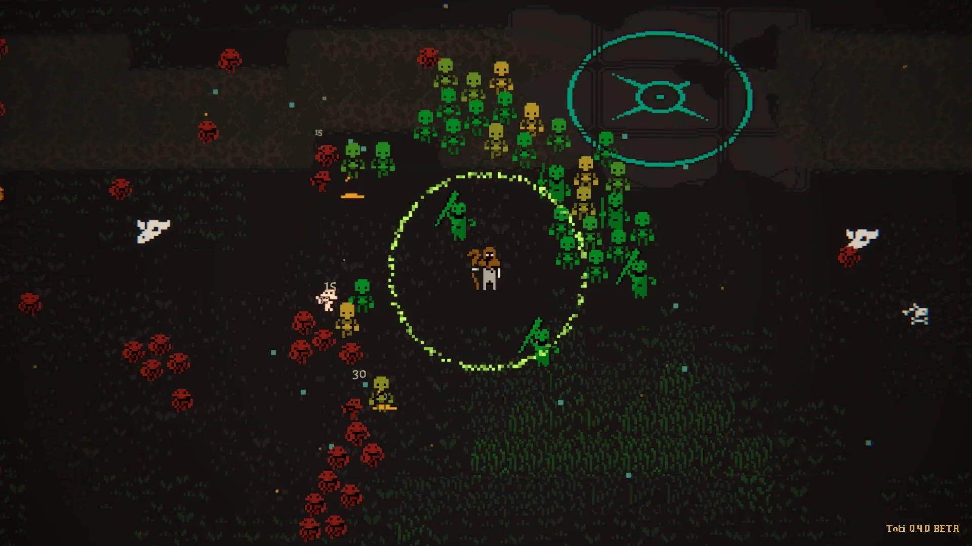 Oath of the Necromancer: Player surrounded by undead army and enemies in a dark, pixelated battlefield