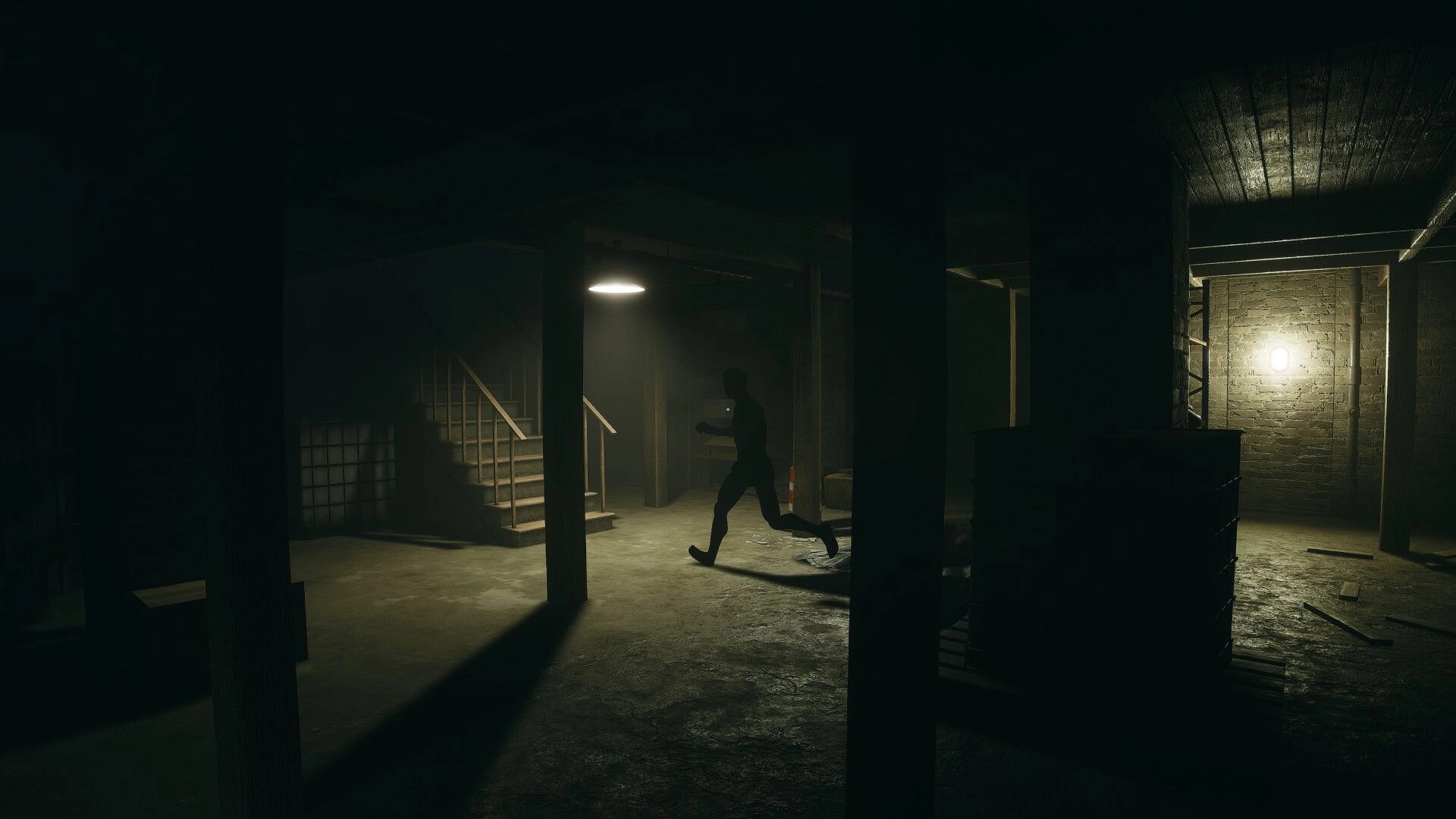 Obey the Voice™: Shadowy figure runs through dimly lit basement with stairs and exposed brick walls