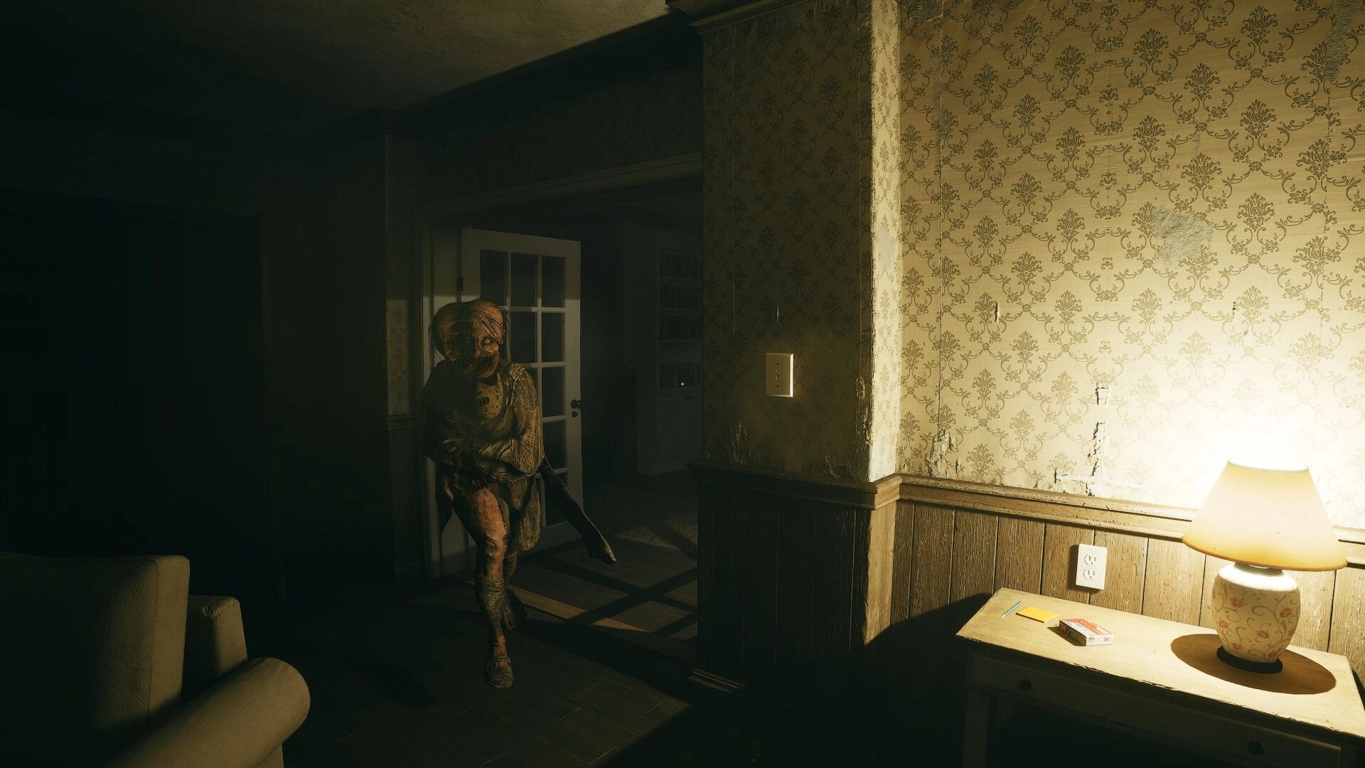Obey the Voice™: Creepy figure lurking in a dimly lit living room with a table lamp casting shadows