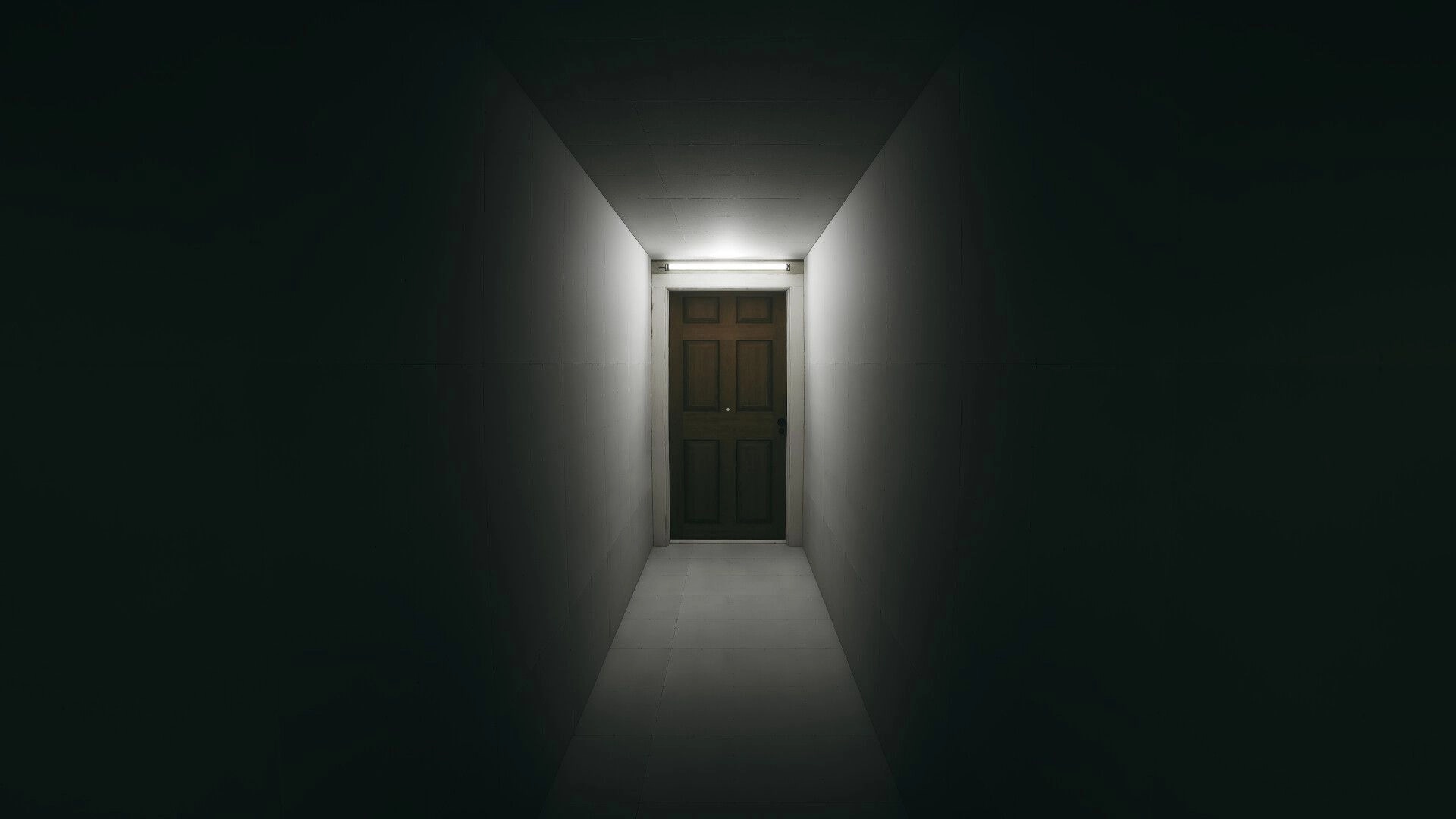 Obey the Voice™: Dimly lit hallway leading to a closed wooden door in a claustrophobic environment.