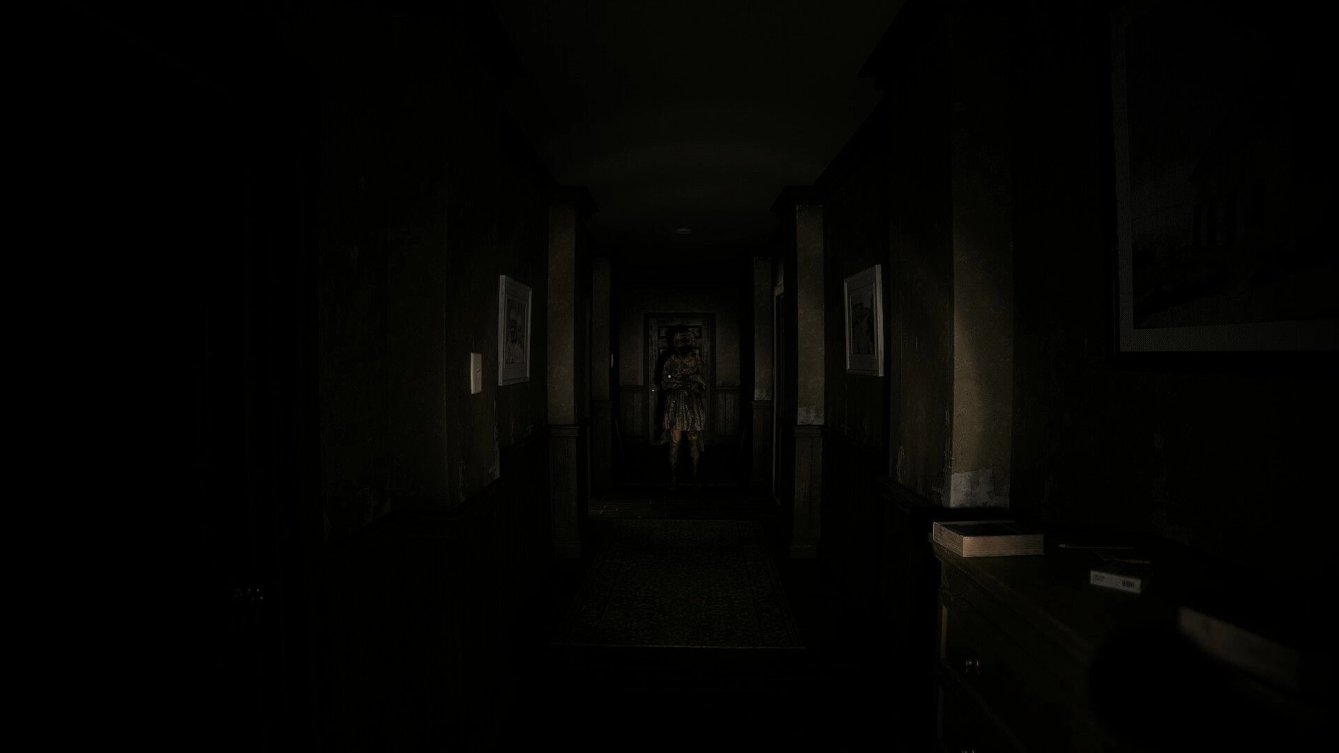 Obey the Voice™: Dimly lit hallway with a shadowy figure in the distance, eerie atmosphere.
