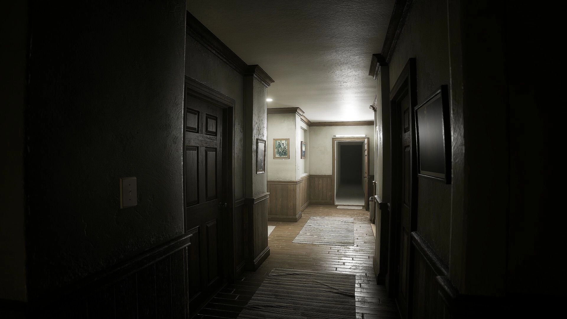Obey the Voice™: Dimly lit corridor with closed doors and eerie open doorway at the end of the hall