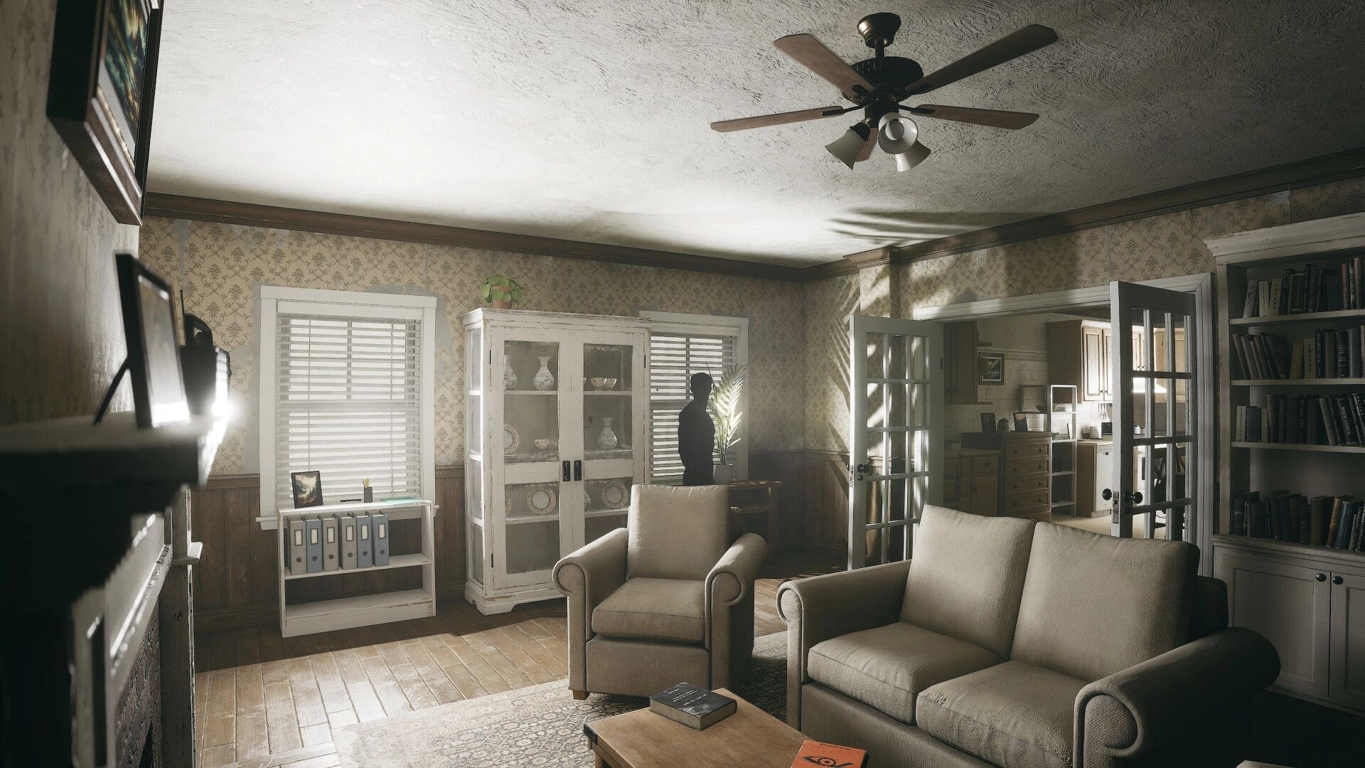 Obey the Voice™: Shadowy figure in a dimly lit living room with vintage decor and French doors open