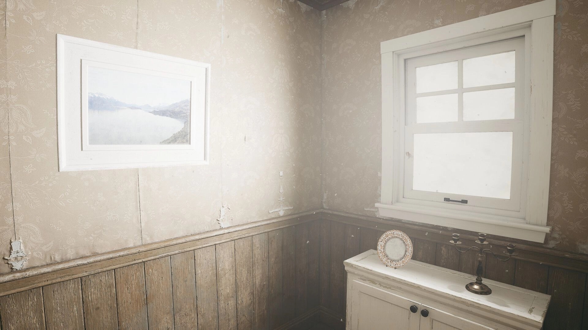 Obey the Voice™: Dimly lit room with vintage decor, featuring a framed landscape and curtained window.