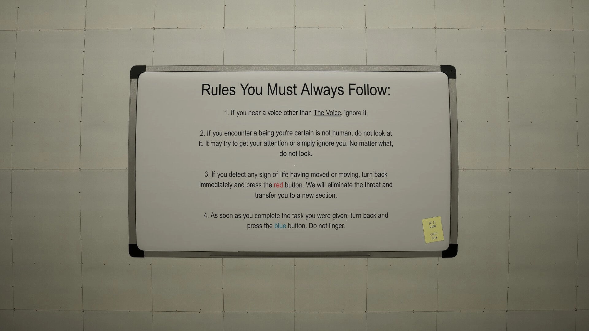 Obey the Voice™: Rule board detailing survival instructions on a plain wall environment