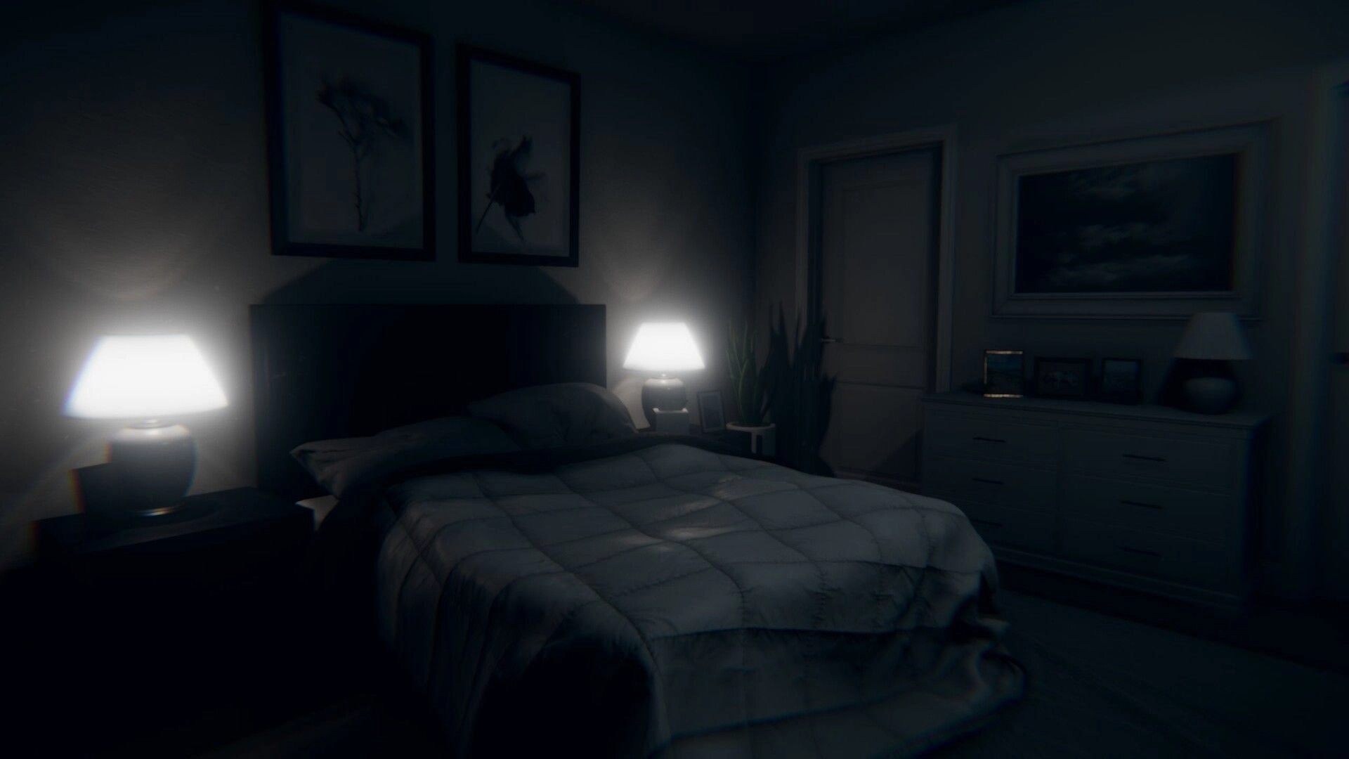 Obfuscation: Dimly lit bedroom with two lamps, paintings, and a closed door creating a haunting ambiance