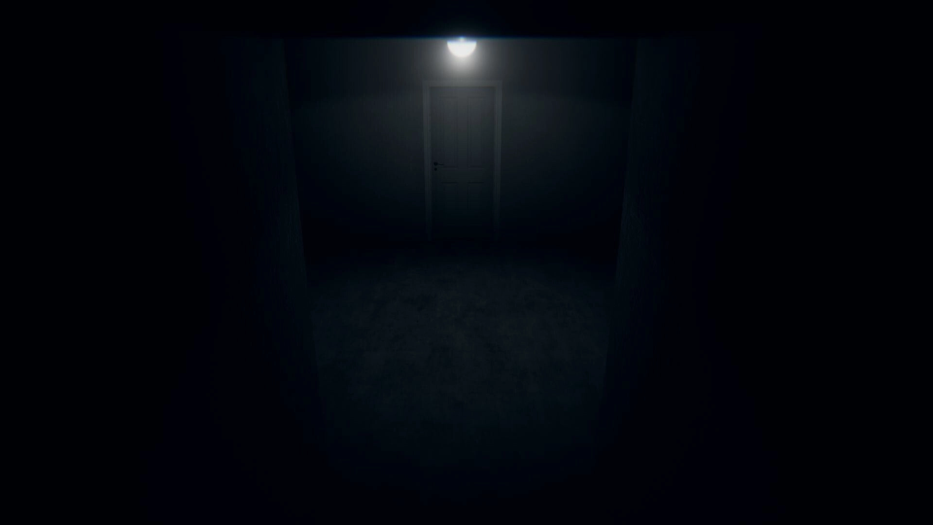 Obfuscation: Dimly lit hallway with a single door under a bare light bulb in a mysterious house environment
