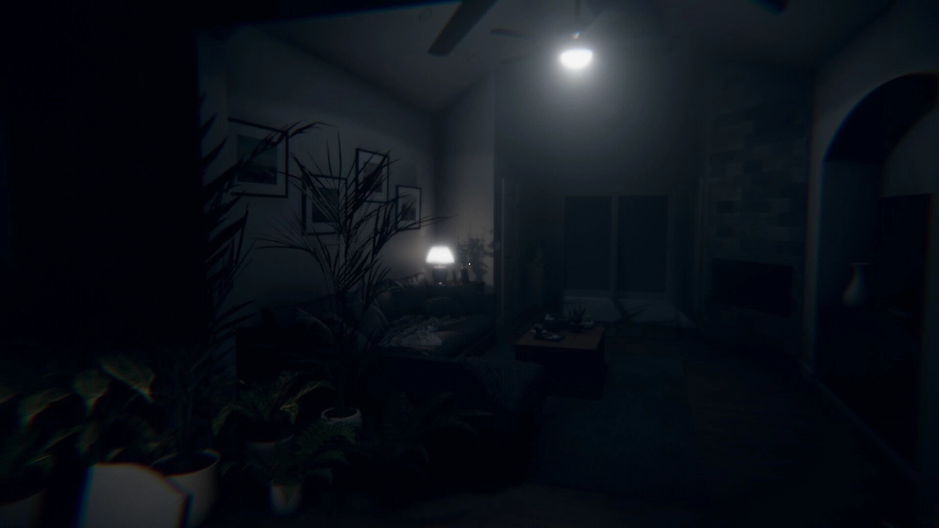 Obfuscation: Dimly lit living room with plants, sofa, lamp, and eerie atmosphere in a mysterious house.