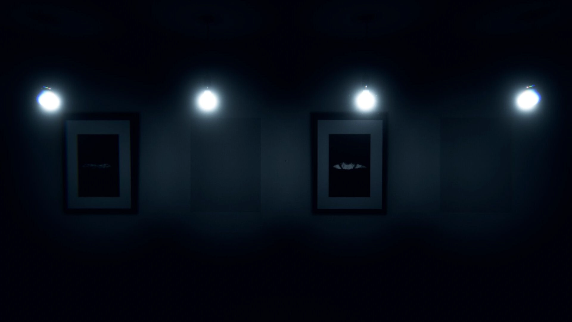 Obfuscation: Illuminated dark hallway with eerie paintings under dim ceiling lights