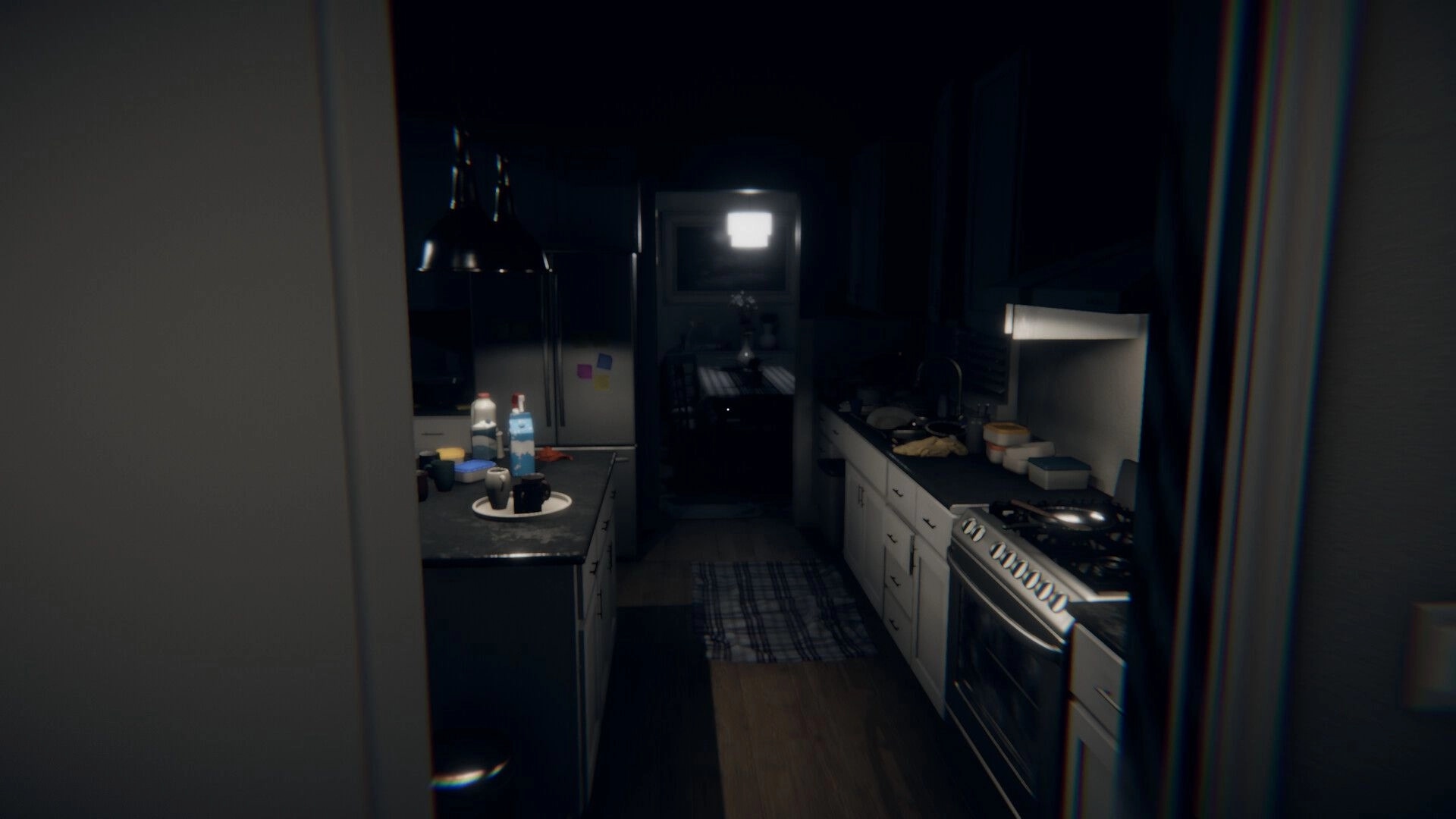 Obfuscation: Dimly lit kitchen with scattered dishes and cleaning supplies on the counter, eerie atmosphere