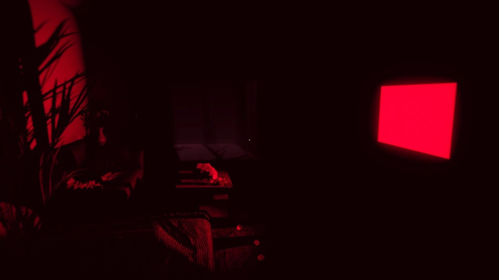 Obfuscation: Dimly lit room with red lighting, plants, and a glowing red screen in a mysterious house