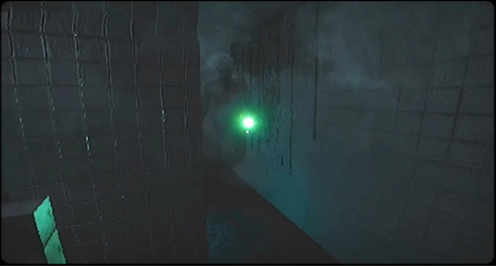 四号对象 Object 4: First-person view down a damp tiled corridor with a green wall light glowing in fog.