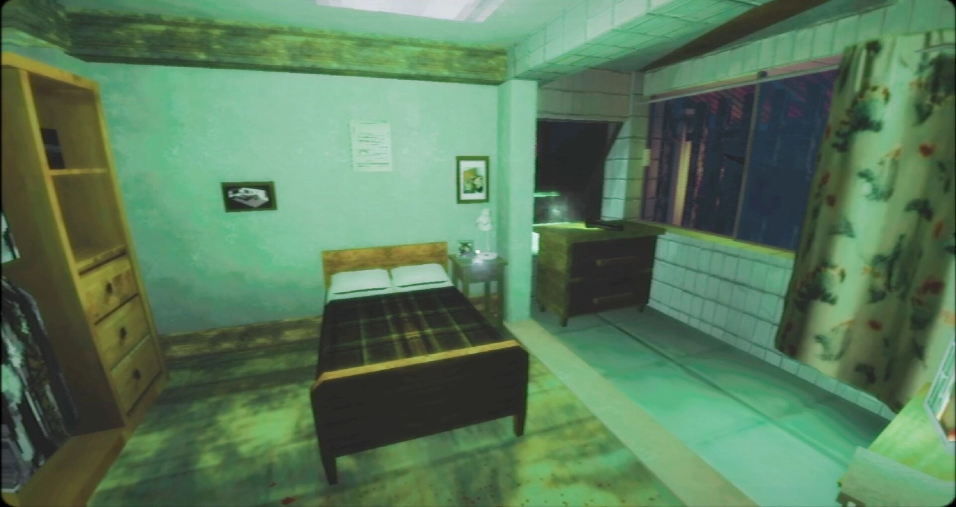 四号对象 Object 4: First-person view of a dingy bedroom with bed, wardrobe, and window at night.