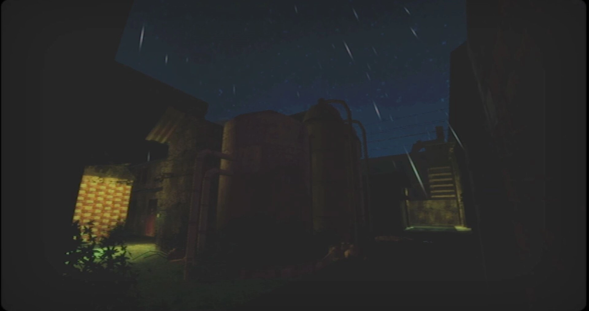 四号对象 Object 4: Rainy night alley with large tanks and pipes, dim lights, stairs leading upward ahead.
